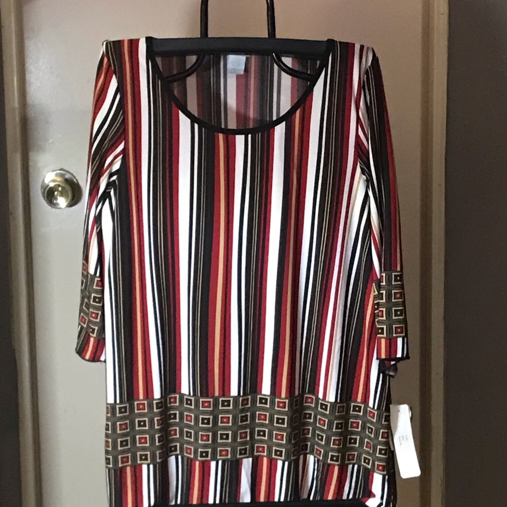 CDW Creative Design Works red, black and white striped top.
